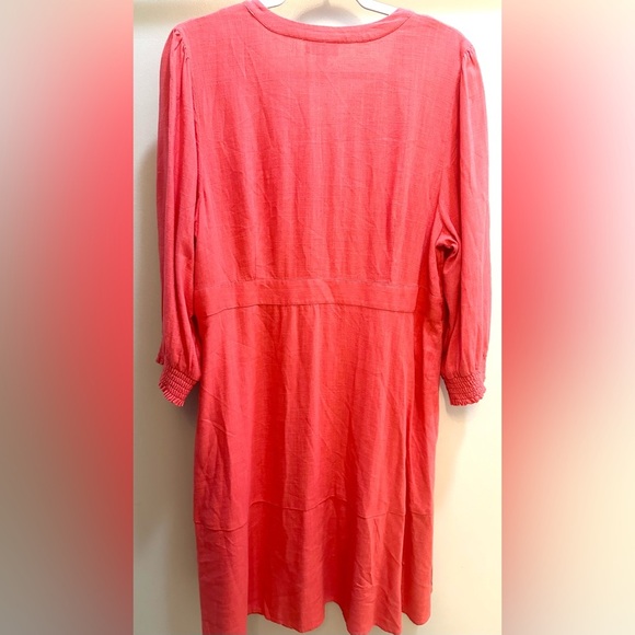 J Jill Linen Blend Button Front Midi Dress with Smocked Cuffs in Guava Size L - Picture 8 of 9